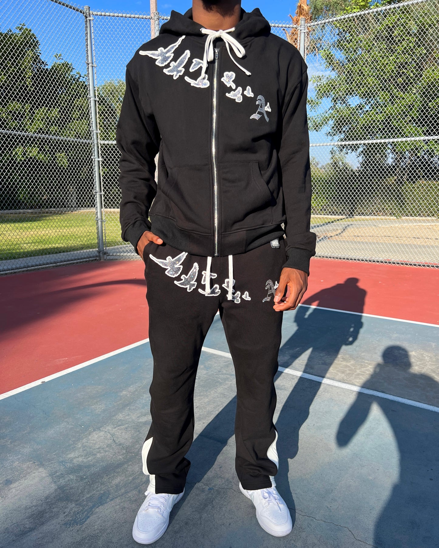 Black Iced Out Flocka Doves FlyFleece Zip-Up Hoodie - All Glory To God @AG2G | Christian Hoodies