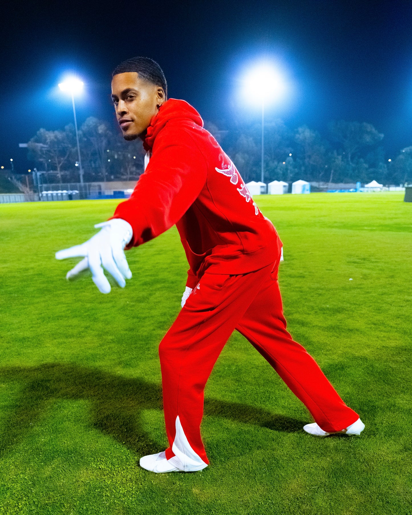 Christian Apparel: All Glory To God ‘Iced Out Flocka Doves’ FlyFleece Flared Sweatpants in Red with dove graphics, bold lettering, and Philippians 4:13. Great for Christian bottoms, Christian streetwear, and Christian athletic wear.