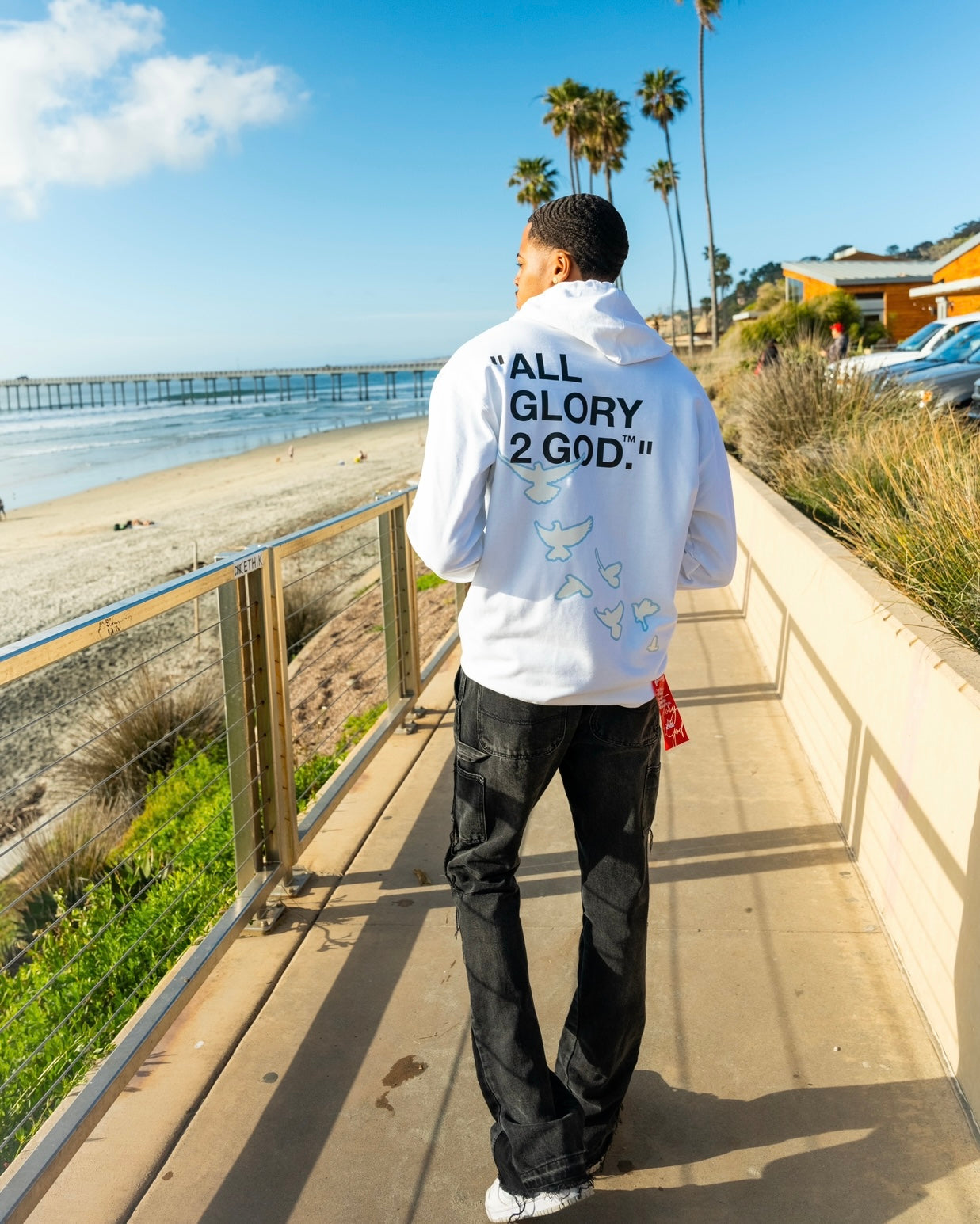Christian Apparel: All Glory To God ‘Flocka Doves’ Hoodie in Baby Blue with dove graphics, bold lettering, and Philippians 4:13. Great for Christian hoodies, Christian streetwear, and Christian athletic wear.