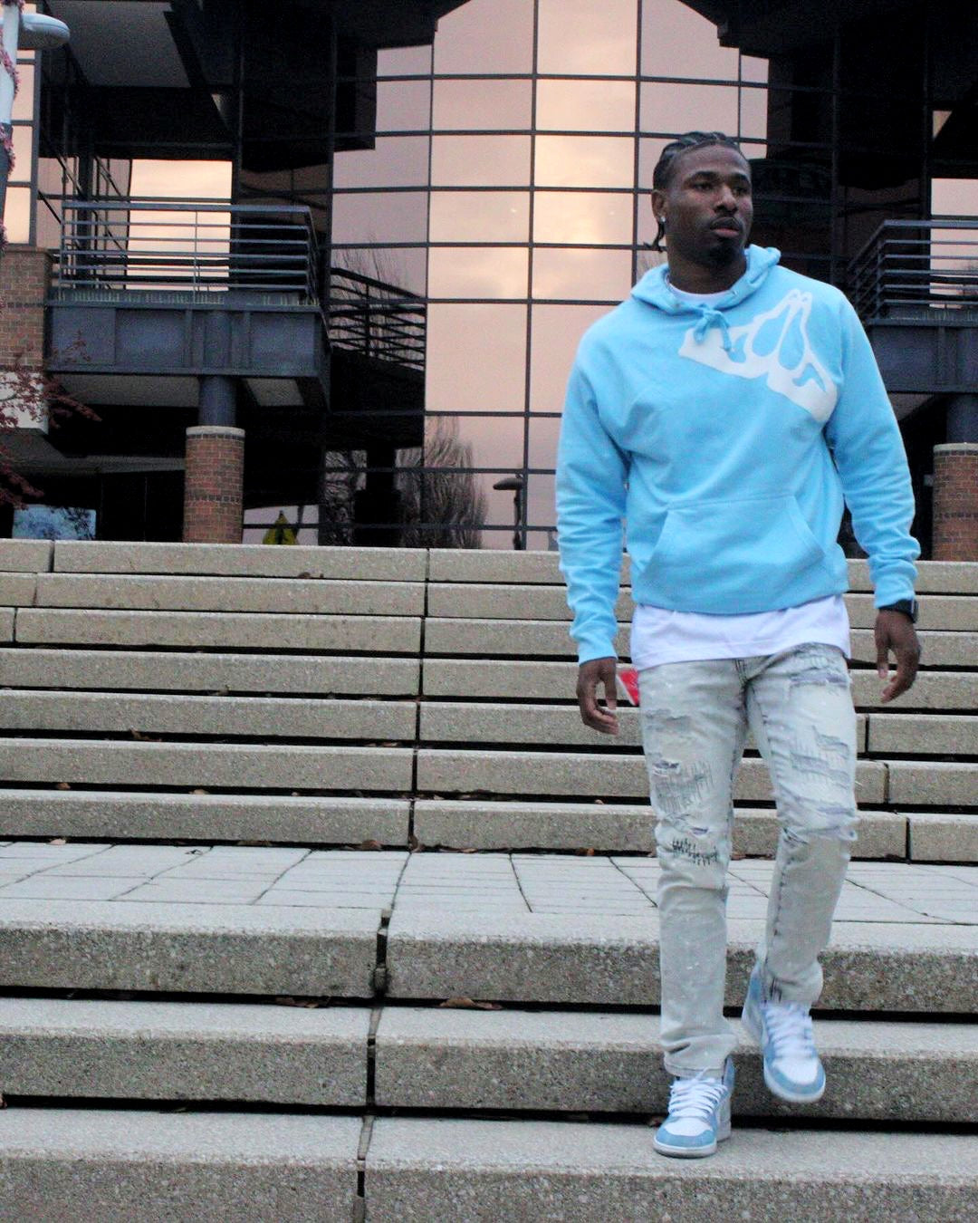 Christian Apparel: All Glory To God ‘Cloud Puff’ Hoodie in Sky Blue featuring a cloud-inspired design. Perfect for Christian hoodies, Christian streetwear, and Christian athletic wear, blending faith, style, and comfort.