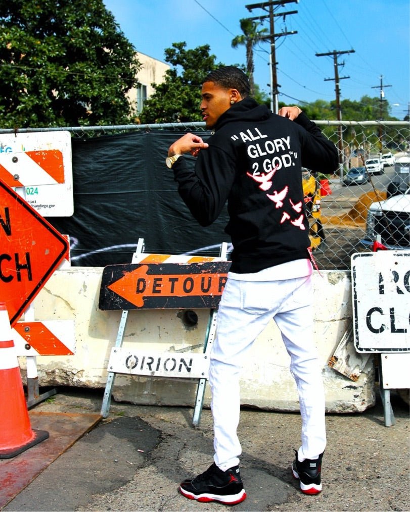 Christian Apparel: All Glory To God ‘Flocka Doves’ Hoodie in Black/Red with dove graphics, bold lettering, and Philippians 4:13. Great for Christian hoodies, Christian streetwear, and Christian athletic wear.