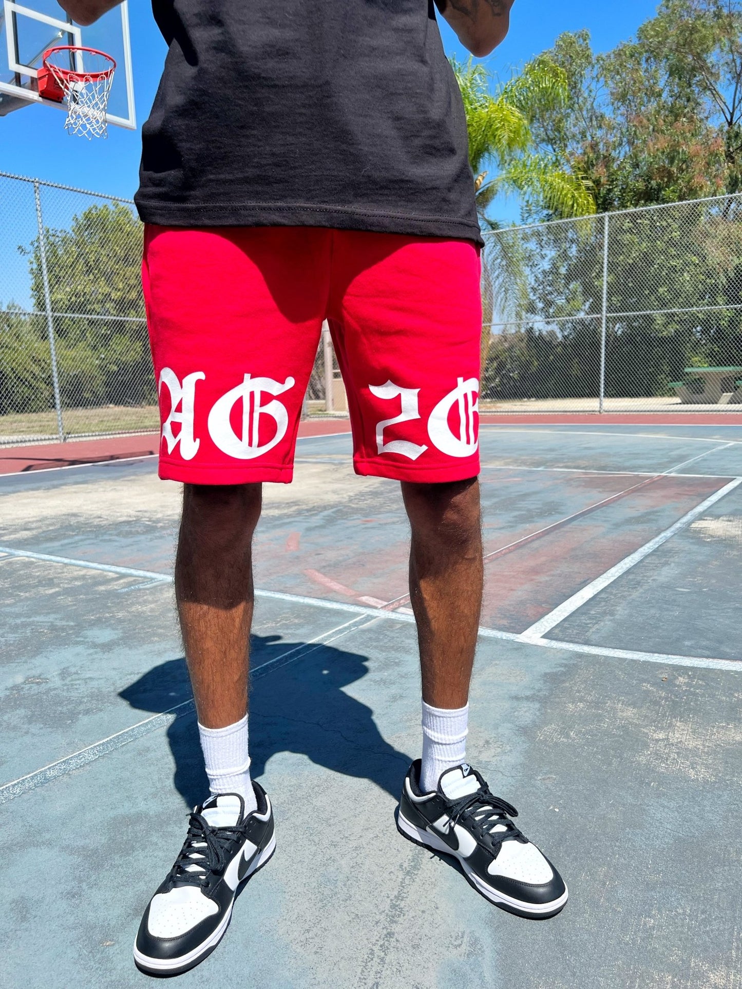 Christian Apparel: All Glory To God ‘Old English KJV’ Fleece Shorts in Red with bold lettering. Great for Christian bottoms, Christian streetwear, and Christian athletic wear.
