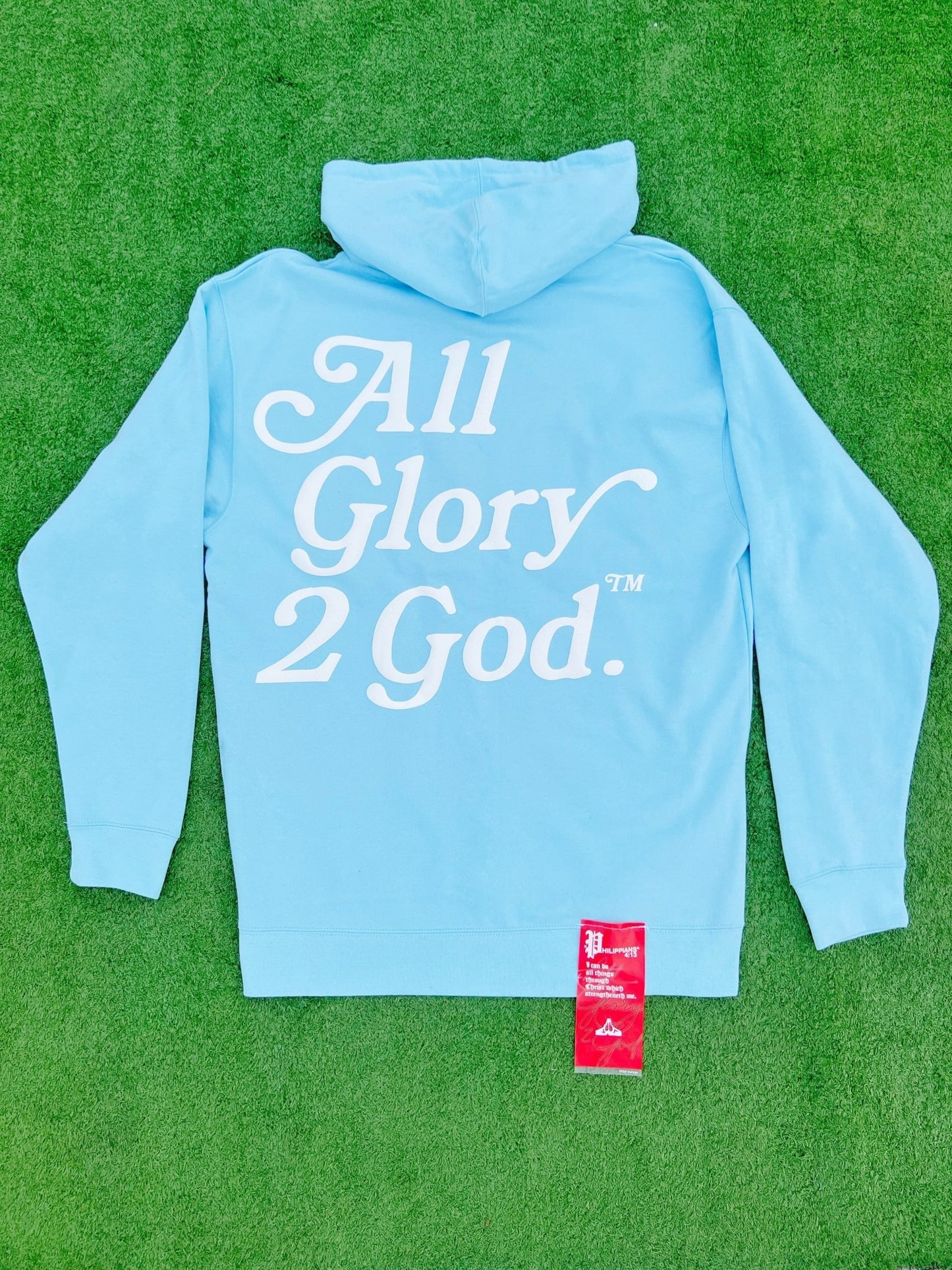 Christian Apparel: All Glory To God ‘Cloud Puff’ Hoodie in Sky Blue featuring a cloud-inspired design. Perfect for Christian hoodies, Christian streetwear, and Christian athletic wear, blending faith, style, and comfort.