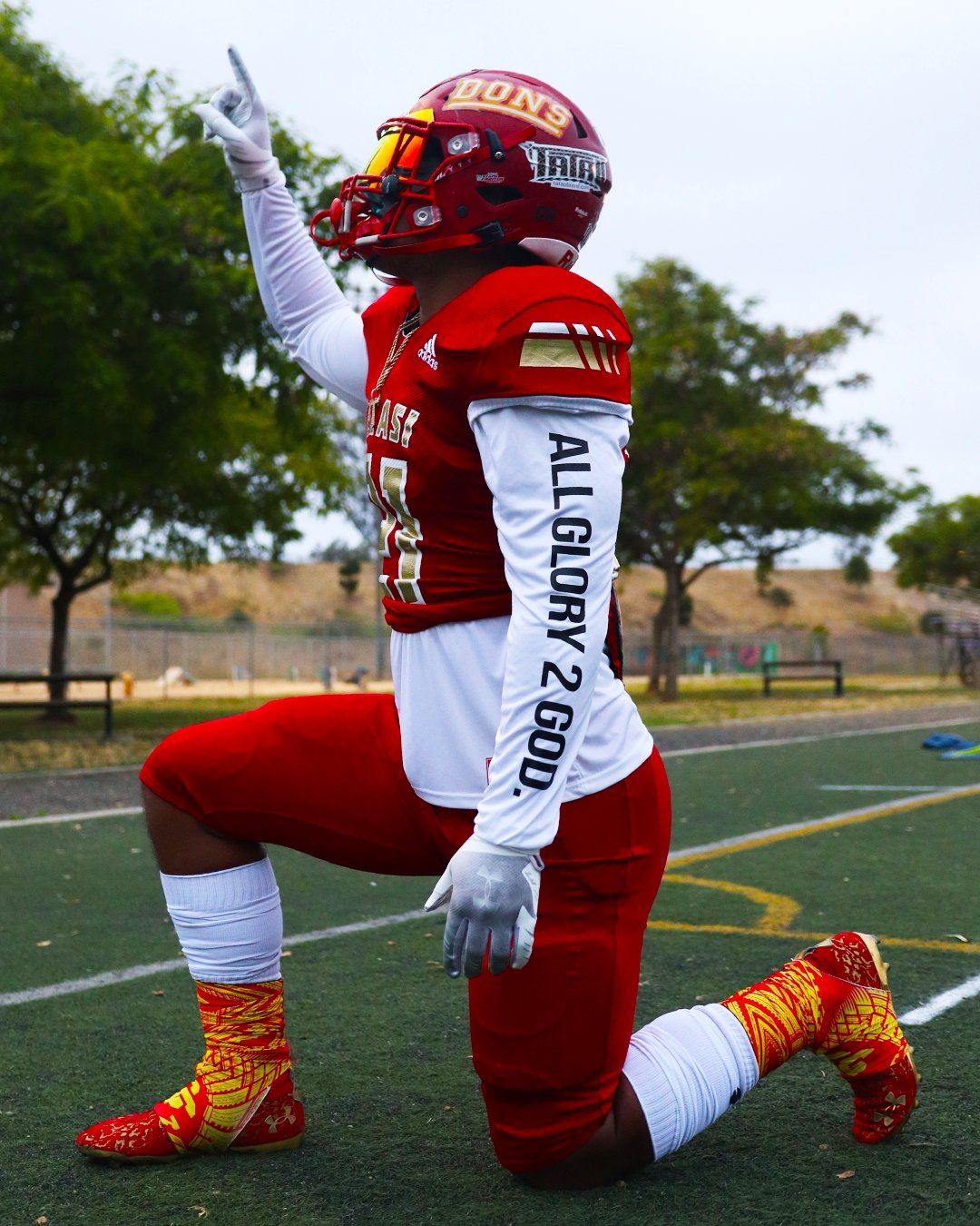 Christian Apparel: All Glory To God ‘Uni’ FlyFit Long Sleeve in White with football uniform, bold lettering, and Philippians 4:13. Perfect for Christian Long Sleeve T-Shirts, Christian athletic wear, and Christian streetwear.