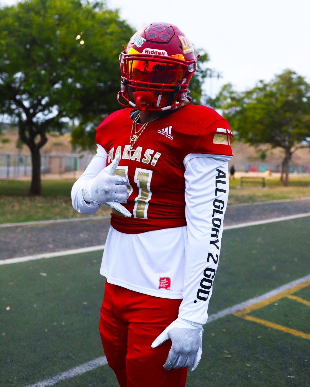 Christian Apparel: All Glory To God ‘Uni’ FlyFit Long Sleeve in White with football uniform, bold lettering, and Philippians 4:13. Perfect for Christian Long Sleeve T-Shirts, Christian athletic wear, and Christian streetwear.