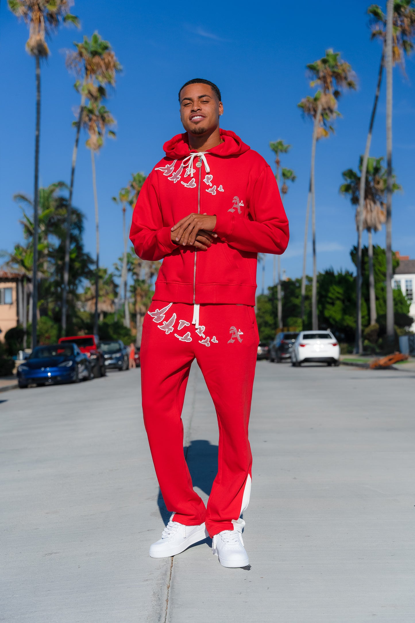 Red Iced Out Flocka Doves FlyFleece Flared Pants - All Glory To God Apparel @AG2G | Christian Apparel