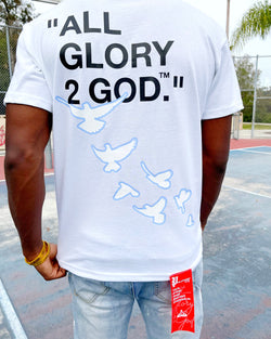 Christian Apparel: All Glory To God ‘Flocka Doves’ T-Shirt in Baby Blue with dove graphics, bold lettering, and Philippians 4:13. Great for Christian t-shirts, Christian streetwear, and Christian athletic wear.