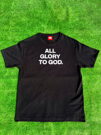 Christian Apparel: All Glory To God ‘Essential’ Tee in Black featuring bold lettering. Perfect for Christian t-shirts, Christian streetwear, and Christian athletic wear, blending faith, style, and comfort.