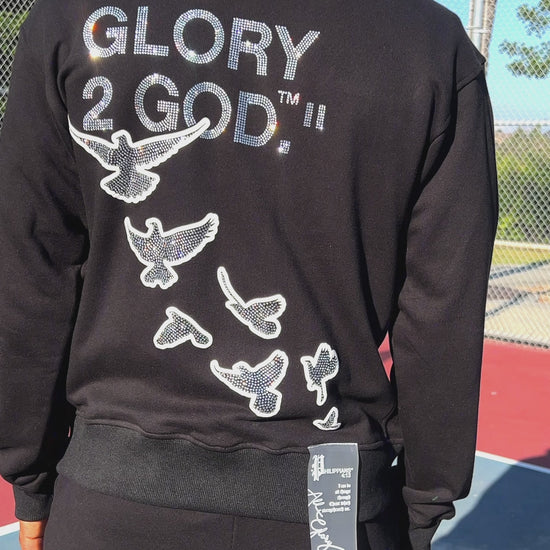 Black Iced Out Flocka Doves FlyFleece Flared Pants - All Glory To God Apparel @AG2G | Christian Apparel