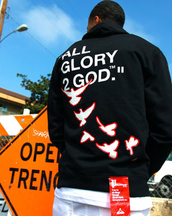 Christian Apparel: All Glory To God ‘Flocka Doves’ Hoodie in Black/Red with dove graphics, bold lettering, and Philippians 4:13. Great for Christian hoodies, Christian streetwear, and Christian athletic wear.