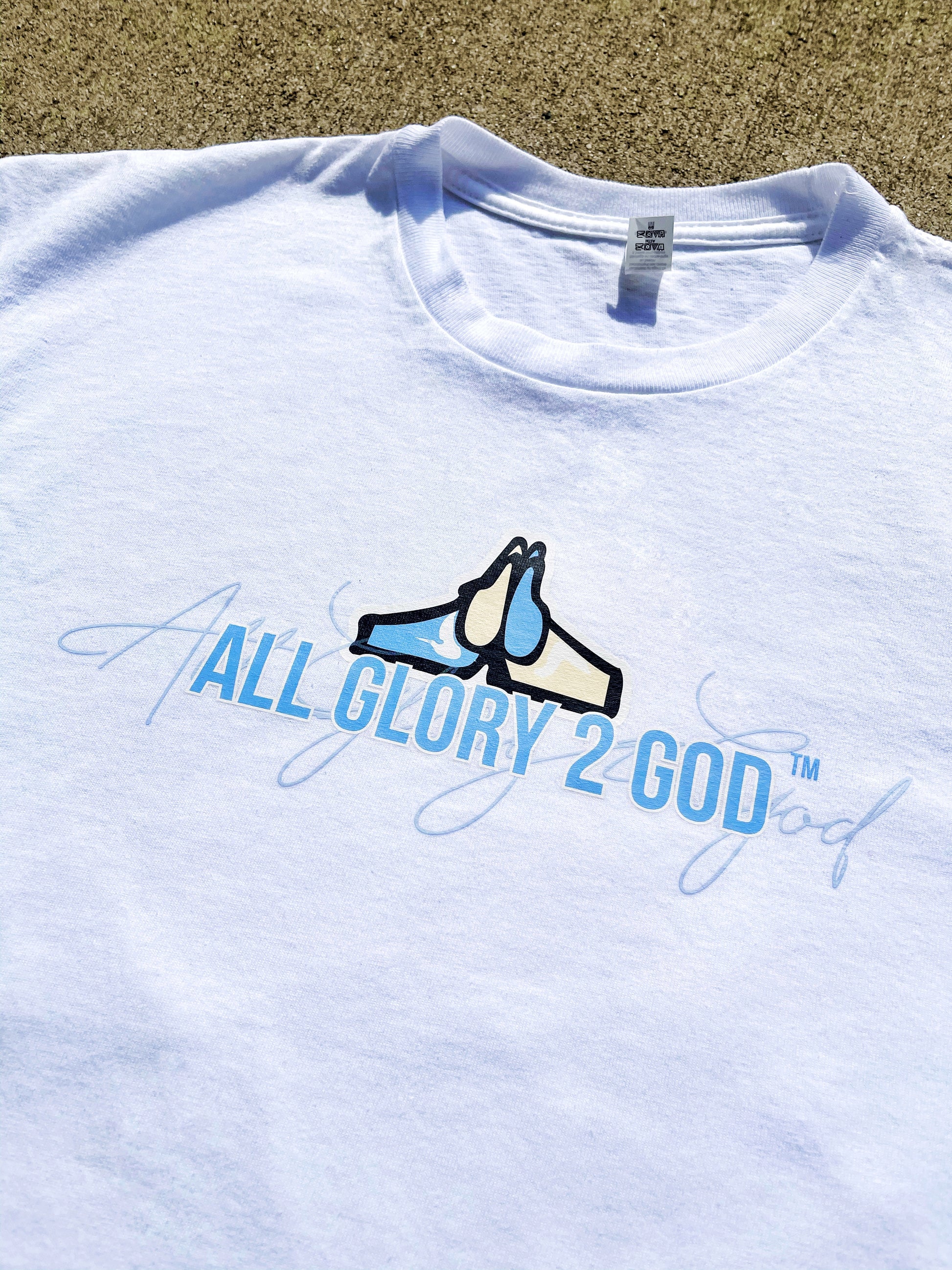 White / Baby Blue TwoToned Designer HangTag Tee - All Glory To God Apparel @AG2G | Christian t shirts 